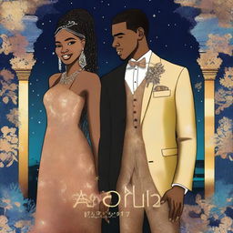 A high-quality digital art image depicting Azizah and Derris in stylish prom attire