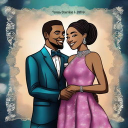 A high-quality digital art image depicting Azizah and Derris in stylish prom attire