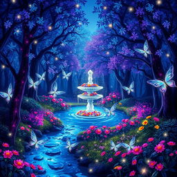 A vibrant and enchanting scene featuring a magical forest at twilight