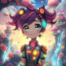 Anime character with a unique style, featuring colorful hair with intricate patterns, wearing a futuristic outfit adorned with glowing accents and accessories