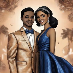 A high-quality digital art image depicting Azizah and Derris in stylish prom attire