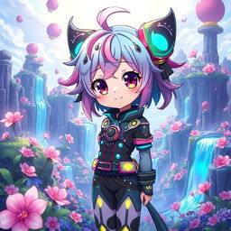 Anime character with a unique style, featuring colorful hair with intricate patterns, wearing a futuristic outfit adorned with glowing accents and accessories