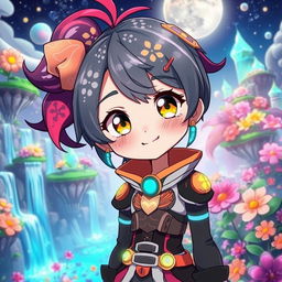 Anime character with a unique style, featuring colorful hair with intricate patterns, wearing a futuristic outfit adorned with glowing accents and accessories