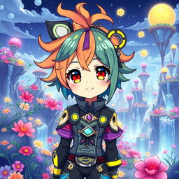 Anime character with a unique style, featuring colorful hair with intricate patterns, wearing a futuristic outfit adorned with glowing accents and accessories