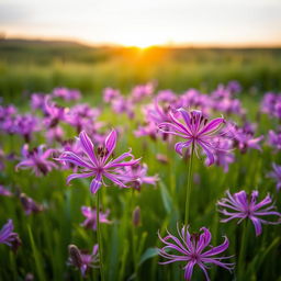 A field of vibrant purple higanbana or red spider lilies in full bloom, elegantly swaying in the gentle breeze