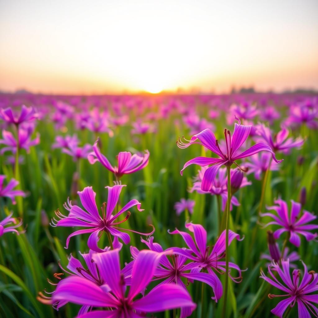 A field of vibrant purple higanbana or red spider lilies in full bloom, elegantly swaying in the gentle breeze