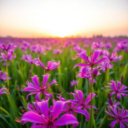 A field of vibrant purple higanbana or red spider lilies in full bloom, elegantly swaying in the gentle breeze