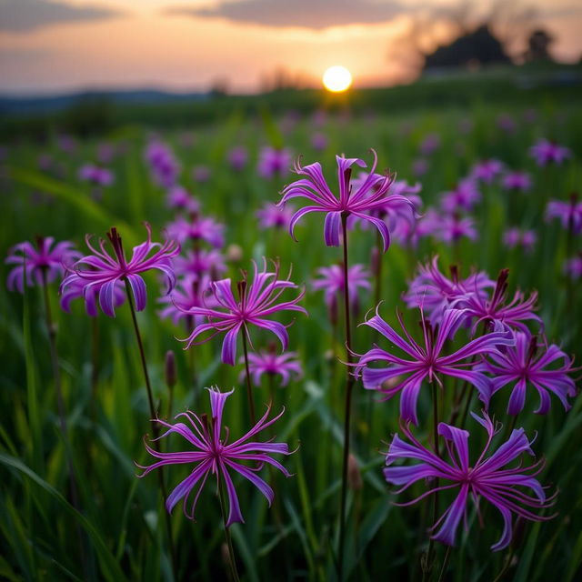 A field of vibrant purple higanbana or red spider lilies in full bloom, elegantly swaying in the gentle breeze