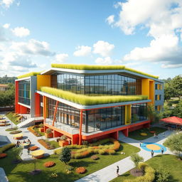 A modern and creatively designed school building that combines elements of contemporary architecture with vibrant colors and sustainable features