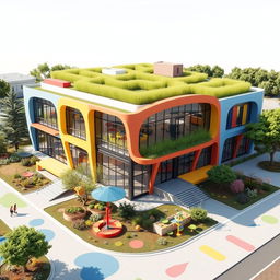 A modern and creatively designed school building that combines elements of contemporary architecture with vibrant colors and sustainable features
