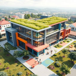 A modern and creatively designed school building that combines elements of contemporary architecture with vibrant colors and sustainable features