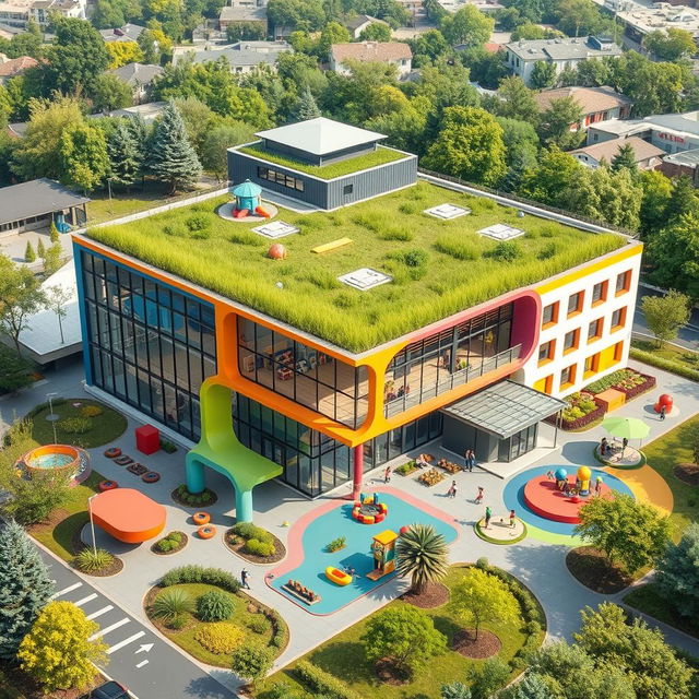 A modern and creatively designed school building that combines elements of contemporary architecture with vibrant colors and sustainable features