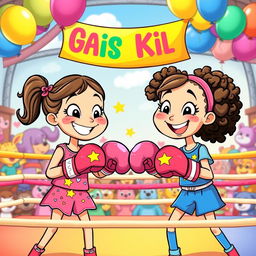 A whimsical and playful boxing match between two cartoonish, cheerful 6-year-old girls in a colorful boxing ring