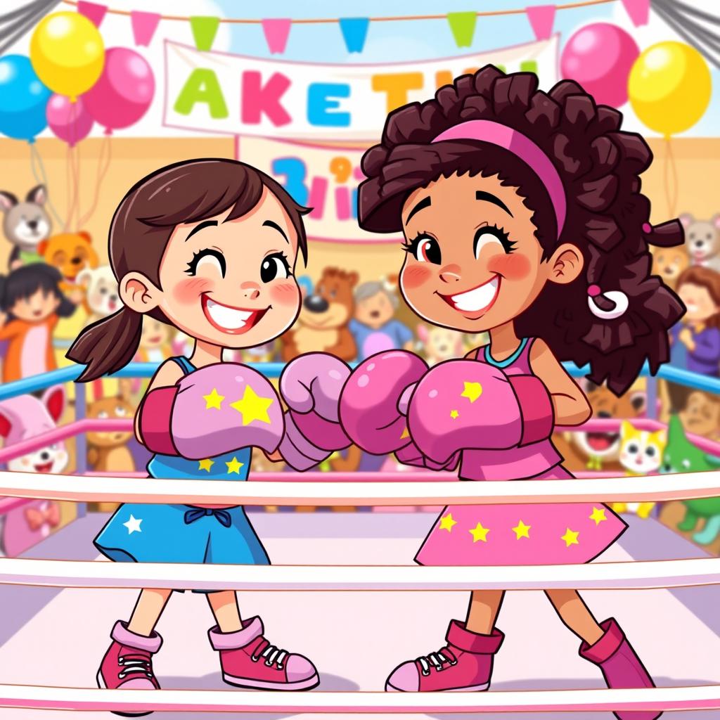 A whimsical and playful boxing match between two cartoonish, cheerful 6-year-old girls in a colorful boxing ring