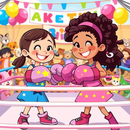 A whimsical and playful boxing match between two cartoonish, cheerful 6-year-old girls in a colorful boxing ring
