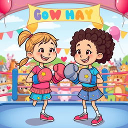 A whimsical and playful boxing match between two cartoonish, cheerful 6-year-old girls in a colorful boxing ring