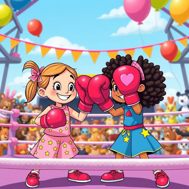 A whimsical and playful boxing match between two cartoonish, cheerful 6-year-old girls in a colorful boxing ring