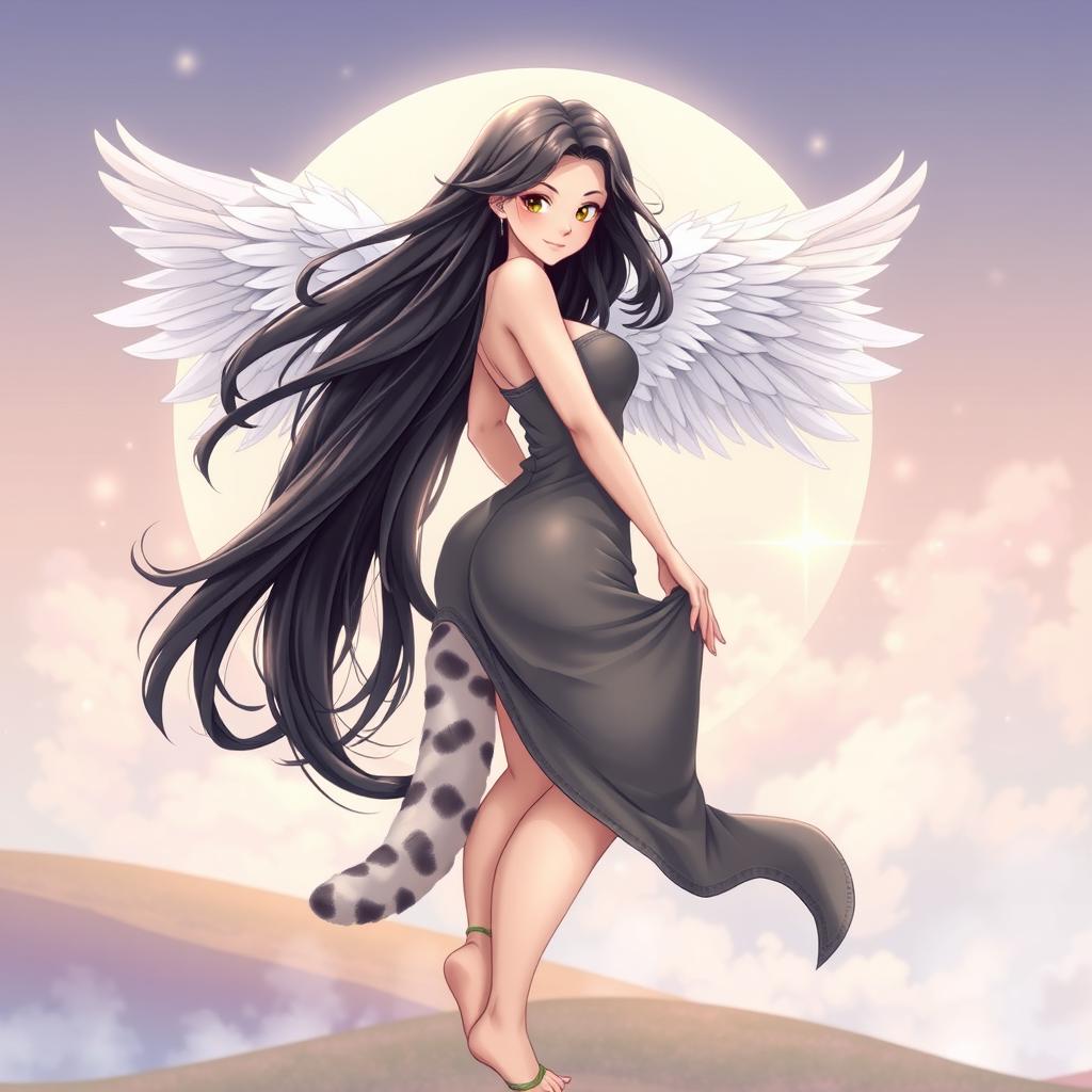 A beautiful full-body illustration of a woman with long black hair, angel wings gracefully extending from her back, and a playful pig tail that resembles soft cat fur