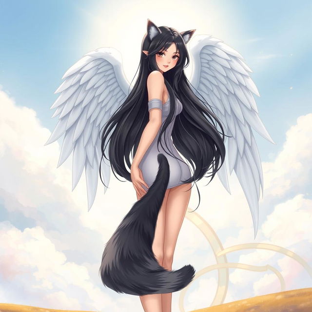 A beautiful full-body illustration of a woman with long black hair, angel wings gracefully extending from her back, and a playful pig tail that resembles soft cat fur