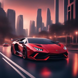 A hyper-realistic digital art image of a vibrant red Lamborghini mid-transformation into a mech