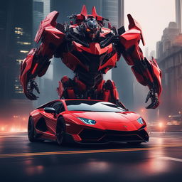 A hyper-realistic digital art image of a vibrant red Lamborghini mid-transformation into a mech