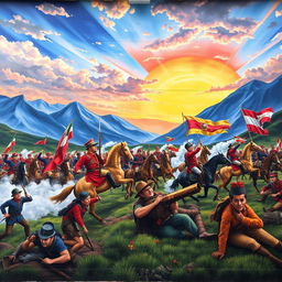 A vibrant mural depicting the Battle of Ayacucho, set in a dramatic landscape showcasing the Andean mountains in the background