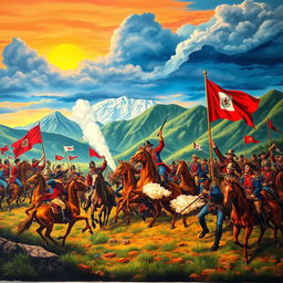 A vibrant mural depicting the Battle of Ayacucho, set in a dramatic landscape showcasing the Andean mountains in the background