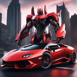 A hyper-realistic digital art image of a vibrant red Lamborghini mid-transformation into a mech