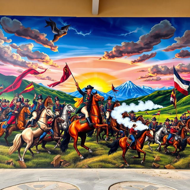 A vibrant mural depicting the Battle of Ayacucho, set in a dramatic landscape showcasing the Andean mountains in the background