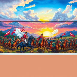 A vibrant mural depicting the Battle of Ayacucho, set in a dramatic landscape showcasing the Andean mountains in the background