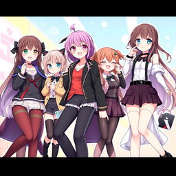 An artistic and colorful anime-style illustration featuring female characters in fashionable clothing, with a playful and vibrant atmosphere