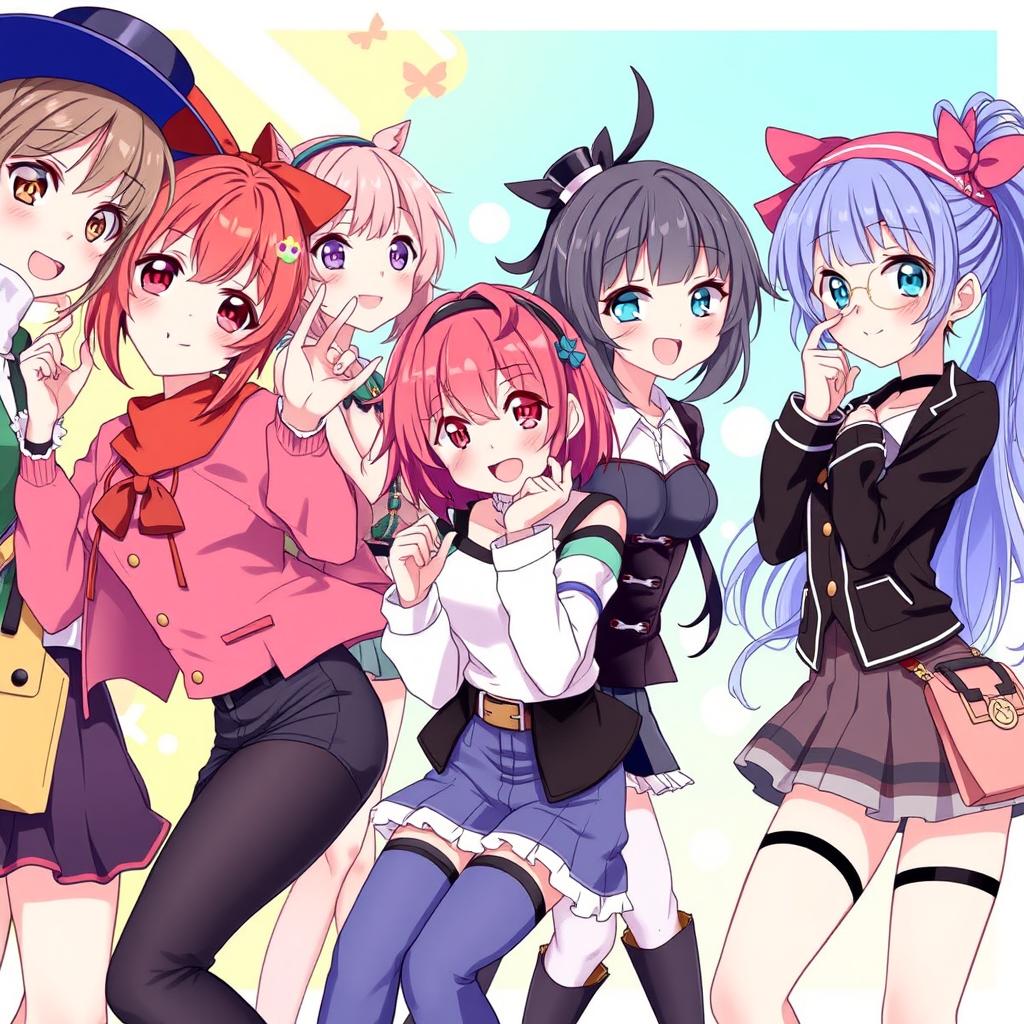 An artistic and colorful anime-style illustration featuring female characters in fashionable clothing, with a playful and vibrant atmosphere