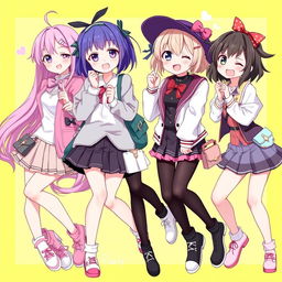 An artistic and colorful anime-style illustration featuring female characters in fashionable clothing, with a playful and vibrant atmosphere