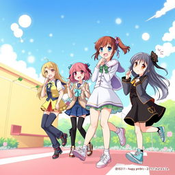 A colorful anime-style illustration featuring female characters in a playful and vibrant setting