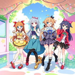 A colorful anime-style illustration featuring female characters in a playful and vibrant setting