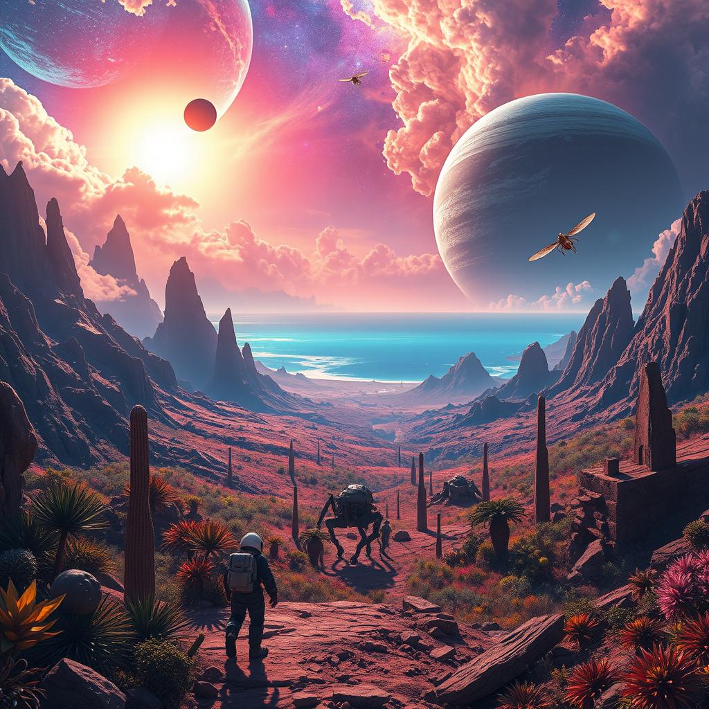 An extremely fantastic view over an alien landscape on another planet, located far away in a distant galaxy