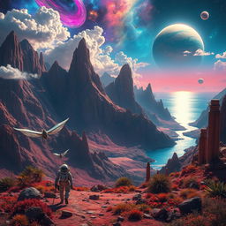 An extremely fantastic view over an alien landscape on another planet, located far away in a distant galaxy
