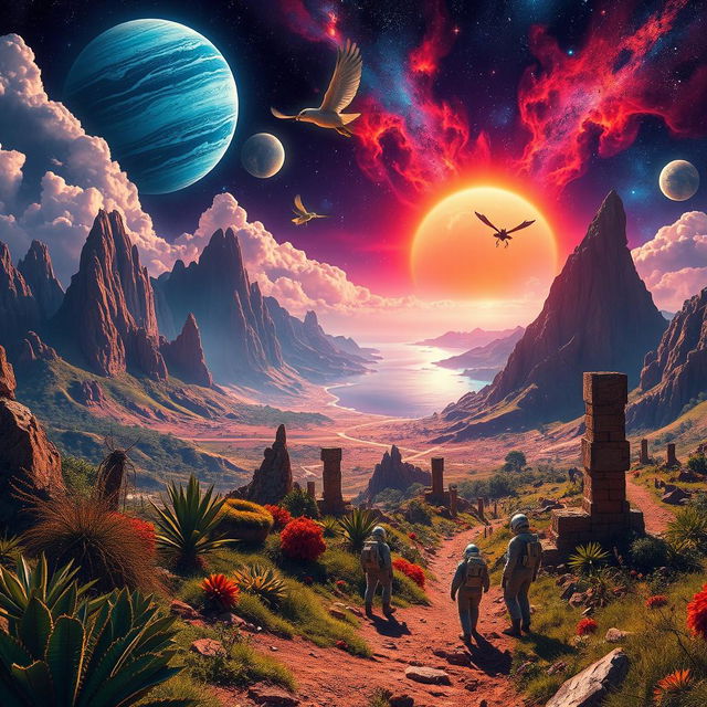 An extremely fantastic view over an alien landscape on another planet, located far away in a distant galaxy