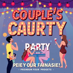 A vibrant and engaging poster promoting a couple's party, featuring an inviting atmosphere with bold typography that captures attention