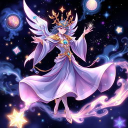 A cosmic god of dreams, adorned in celestial attire, elegantly dances amidst swirling galaxies