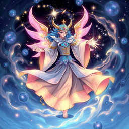 A cosmic god of dreams, adorned in celestial attire, elegantly dances amidst swirling galaxies