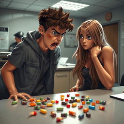 A scene depicting a tense moment in a police station where a teenage boy, with expressive features and wearing casual clothing, is angrily shouting at his girlfriend, who looks surprised