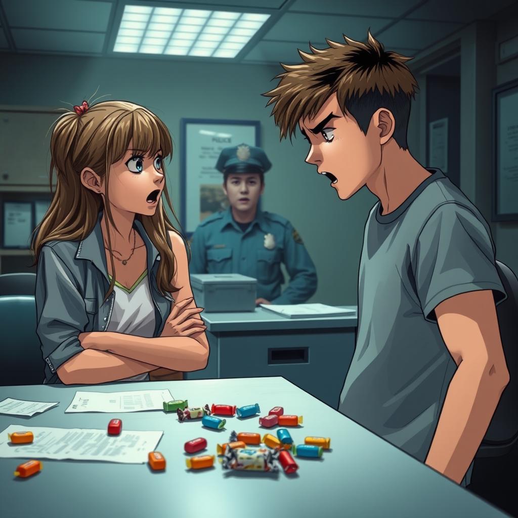 A scene depicting a tense moment in a police station where a teenage boy, with expressive features and wearing casual clothing, is angrily shouting at his girlfriend, who looks surprised