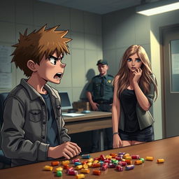 A scene depicting a tense moment in a police station where a teenage boy, with expressive features and wearing casual clothing, is angrily shouting at his girlfriend, who looks surprised