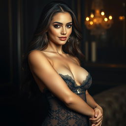 A seductive and alluring woman posing confidently in a sultry outfit, featuring elegant lace and delicate embellishments