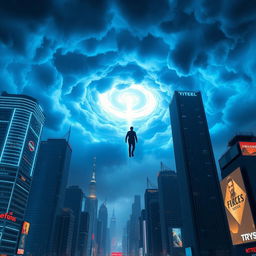 A futuristic cityscape at night, featuring towering skyscrapers adorned with bright neon blue lights and illuminated billboards
