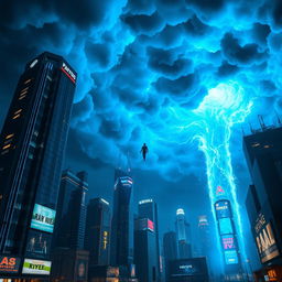 A futuristic cityscape at night, featuring towering skyscrapers adorned with bright neon blue lights and illuminated billboards