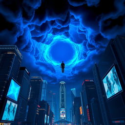 A futuristic cityscape at night, featuring towering skyscrapers adorned with bright neon blue lights and illuminated billboards