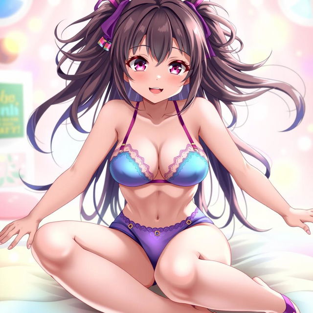 An anime girl sitting playfully, wearing stylish and colorful underwear