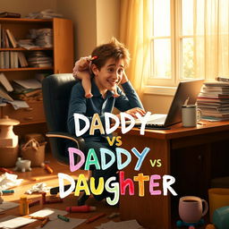 A humorous and heartwarming movie poster for 'Daddy vs Daughter,' depicting a young scriptwriter at a desk with a laptop, looking frustrated yet affectionate